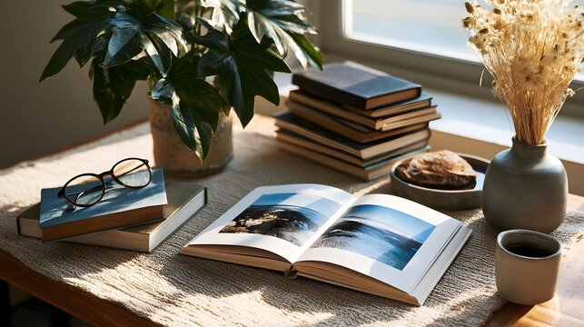 Sunlit wooden table with open travel photo book  potted plant  dried flowers  glasses  and coffee cup in natural daylight