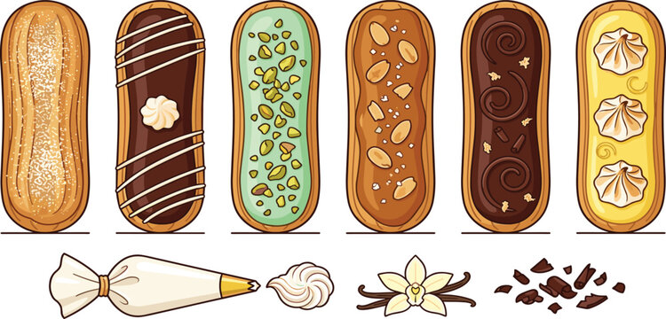 Assorted French Eclairs Vector Set with Various Glazes and Toppings for Bakery Menu, Pastry Shop Branding, Recipe Blogs, and Sweet Dessert Cafe Designs