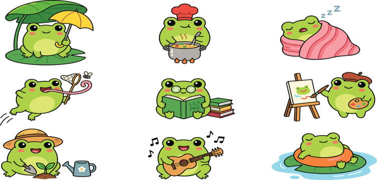 Cute Kawaii Frog Character Sticker Set in Various Daily Activities and Hobbies for Kids, Planners, Scrapbooking, and Children Digital Graphic Designs