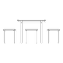 Front view outline of a minimalist square dining set with a square table and four stools, suitable for furniture catalogs and technical presentation drawings. © potato