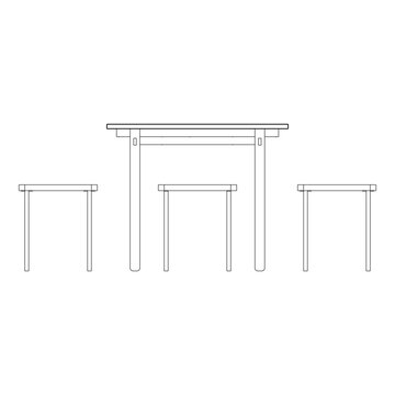 Front view outline of a minimalist square dining set with a square table and four stools, suitable for furniture catalogs and technical presentation drawings.