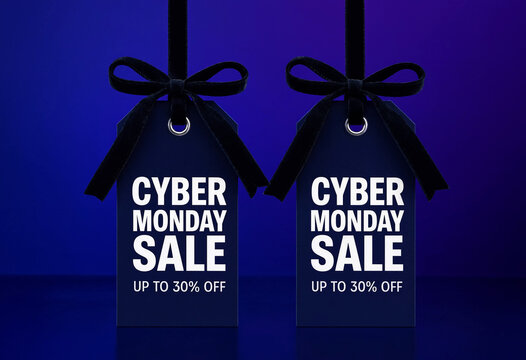 Two hanging sale tags promoting cyber monday discounts up thirty percent