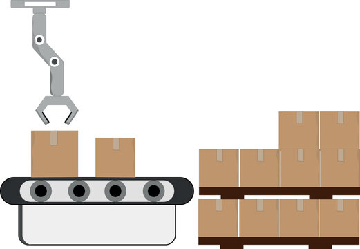 Automated conveyor belt system with robotic arm sorting cardboard boxes in a smart factory warehouse illustration