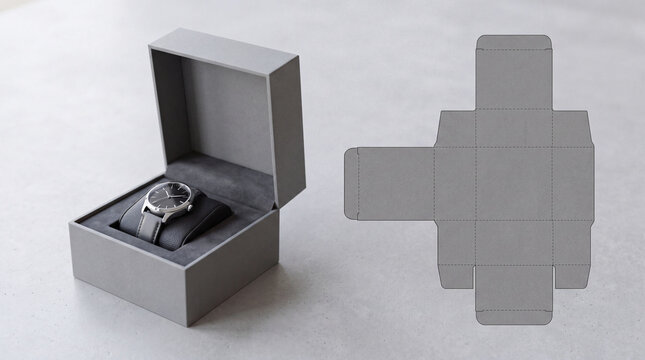 Gray watch box packaging with wristwatch and flat layout template