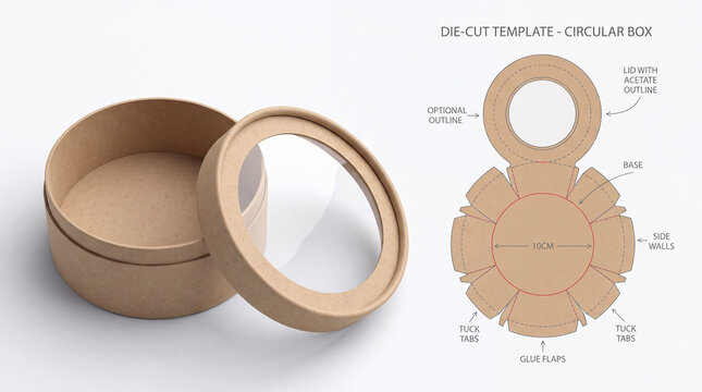 Kraft paper circular box die cut template and assembled container layout