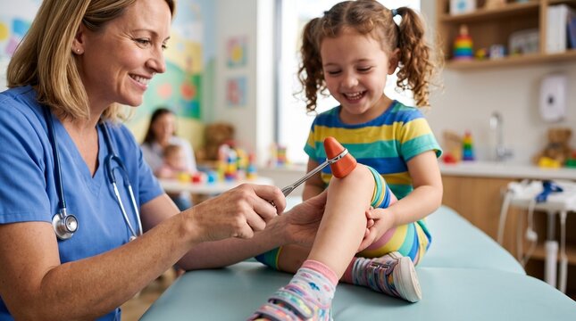 Pediatrician examining young girl's knee with reflex hammer in clinic