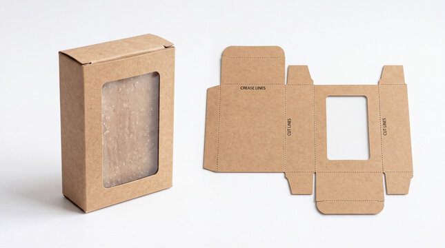 Kraft paper soap box packaging mockup with flat die cut template