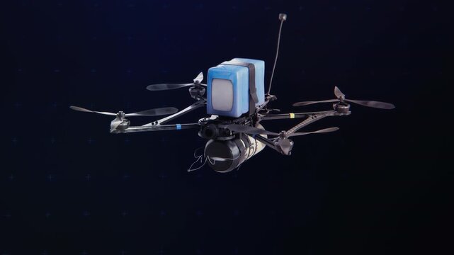 FPV quadcopter with battery and munition on dark background in 3D