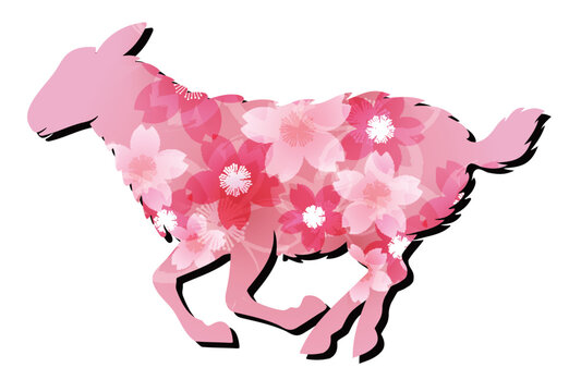 満開の桜の花びらでデザインされた疾走するヤギのシルエット