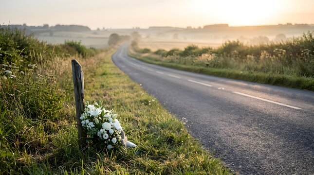 Roadside memorial with white flowers and wooden cross on quiet country road