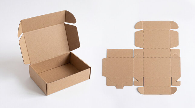 Open brown cardboard mailer box beside flat die cut template