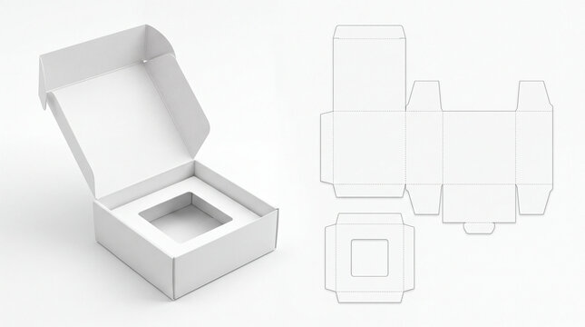 White cardboard box mockup with flat die cut template layout