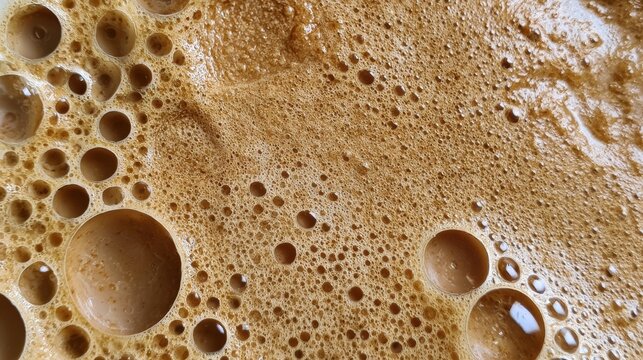 A close view of warm roasted barley tea mixed with milk shows golden and brown swirls in a Korean cafe setting.