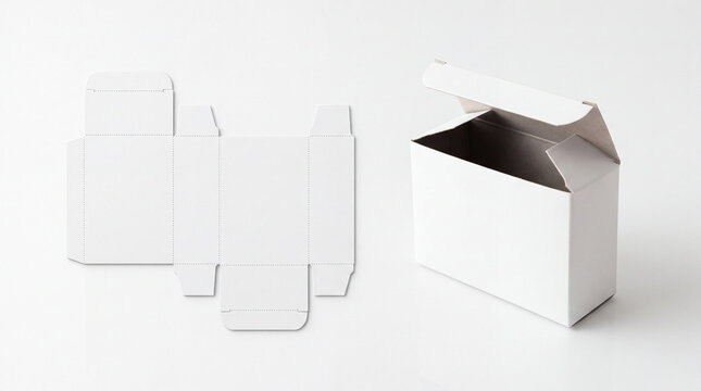 White cardboard box template and assembled container on a clean surface