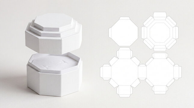 White octagonal box mockup with flat die cut template layout