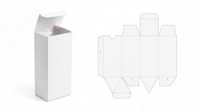 White paper packaging box mockup with flat die cut dieline layout