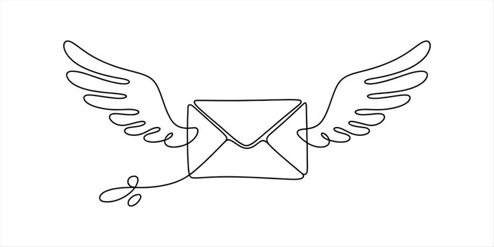 Continuous single line drawing of an envelope with wings flying like a message or letter delivery concept
