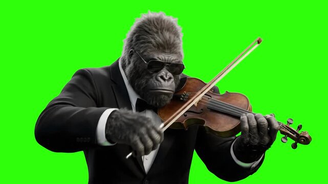 A funny gorilla wearing a stylish tuxedo suit and sunglasses playing the violin on a chroma key green background. Perfect for music video promos, funny advertisements, comedy clips, classical music me