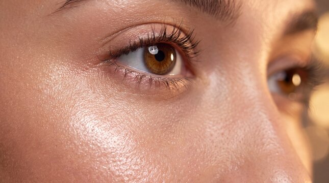 Macro close up of a woman brown eye with natural skin texture with radiant complexion under warm soft lighting conditions