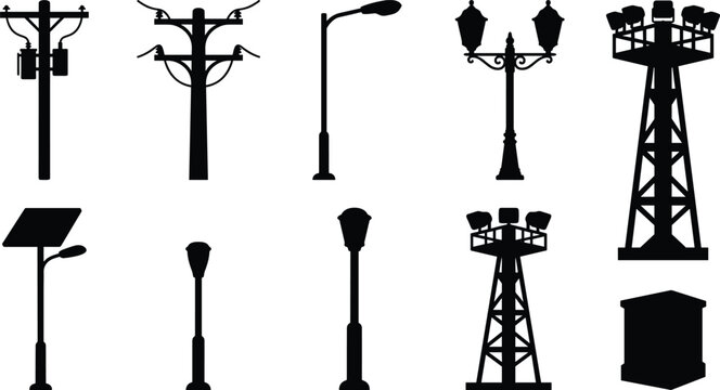 Street Lighting and Electrical Infrastructure Silhouette Collection with Utility Poles, Decorative Lamps, Solar Panels, and Towers