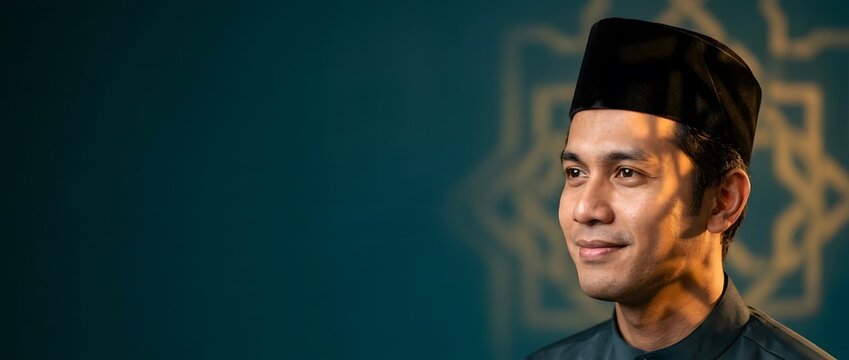 A man in traditional Muslim attire smiling gently.