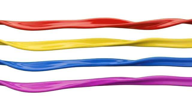 Smooth 3D animated wavy streams of red, yellow, blue, and purple liquid flowing horizontally across a clean white background. Perfect for paint advertisements, creative arts promo clips, vibrant color