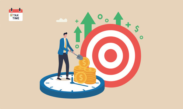 Long term investment time reminder concept, businessman on alarm clock put more dollar coin money to increase his savings