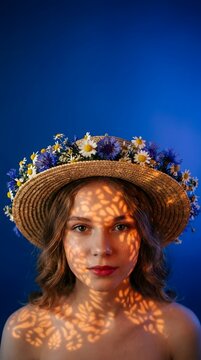 Woman with Flower Crown and Patterned Light Cast on Her Face.