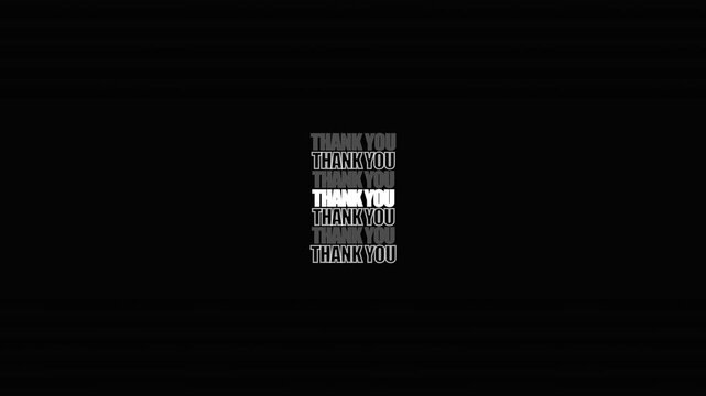 Typography spelling out thank you features clean white text stacked vertically against a dark black background.