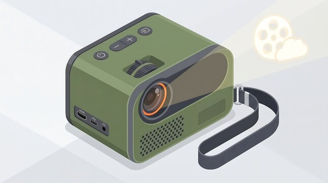 A compact projector showcases its sleek design and functionality while projecting a film in a stylish manner.