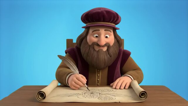 A 3D animated medieval scribe or scholar character writing on parchment paper with a feather quill pen against a clean blue studio background. Great for storytelling videos, historical education clips
