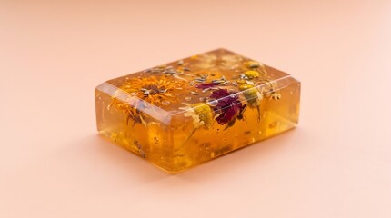 Obraz premium Handcrafted bar of soap with floral and herbal embellishments.