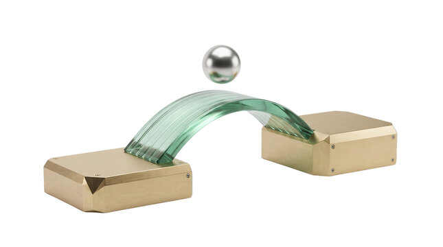 Minimalist glass bridge with floating chrome sphere, abstract architectural concept on white background, modern geometric sculpture in gold and green