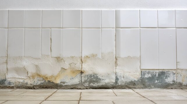 Damaged bathroom wall with peeling plaster and water stains beneath white tiles, indicating moisture issues.