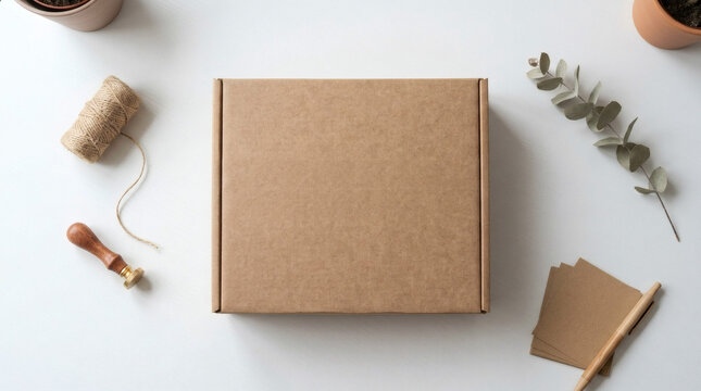 Blank brown cardboard box mockup with natural craft elements, including twine, a wax seal, eucalyptus, and kraft paper stationery, on a clean white background. Ideal for eco-friendly packaging, brandi