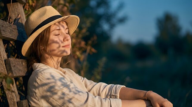 Peaceful woman in straw hat resting peacefully outdoors at twilight.