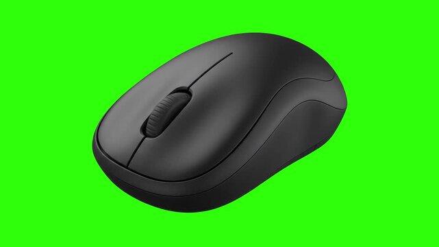 A realistic 3D animated black wireless computer mouse resting on a chroma key green background. Ideal for technology promos, office work graphics, gaming hardware clips, PC tutorials, and video overla