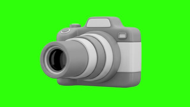 A 3D rendered modern grey DSLR photo camera on a chroma key green background. Ideal for photography tutorials, media production graphics, UI app icons, tech gadgets, and keyable VFX compositing.