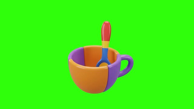 A 3D animated bright colorful plastic cup with a spoon inside on a chroma key green background. Suitable for children's videos, kitchenware promos, educational games, baby food topics, and graphic ove