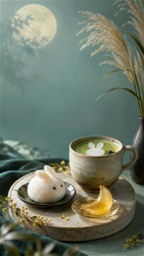 青磁色の背景に置いたうさぎ大福と抹茶ラテ