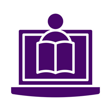 Purple icon showing a stylized person reading an open book on a laptop screen transparent background