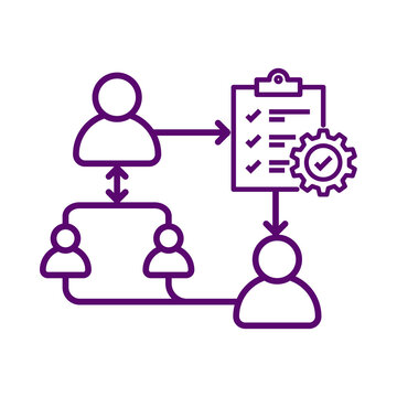 Purple line art icon representing business management team workflow process transparent background
