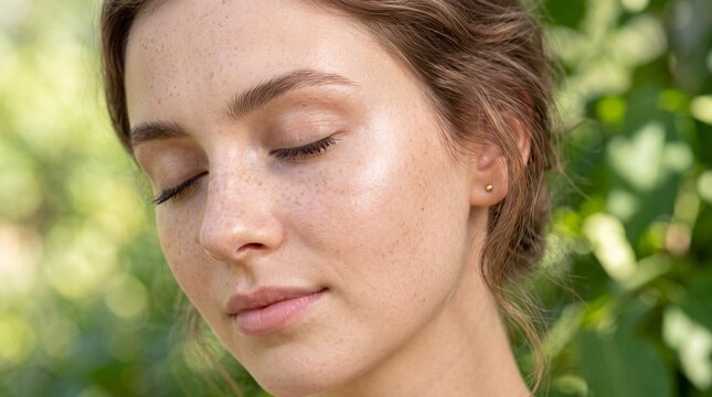 Close up of a young woman with freckles eyes closed in soft natural light with a blurred green background