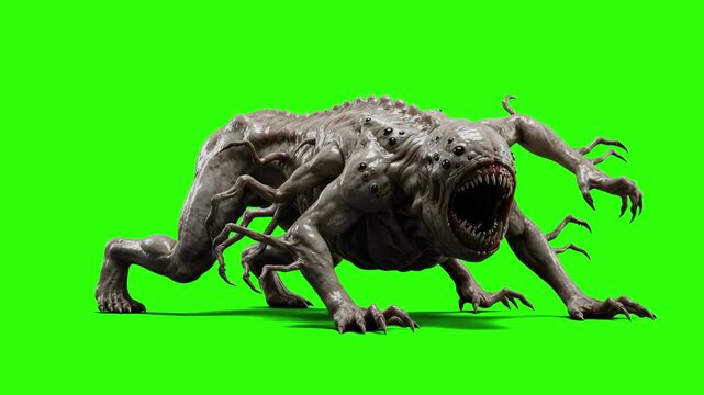 A terrifying 3D animated alien creature with multiple limbs and a wide toothy mouth crawling forward on a chroma key green background. Great for horror films, sci-fi game enemies, Halloween trailers, 