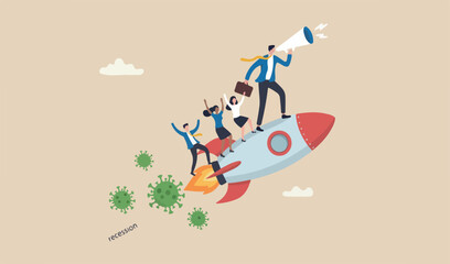 Fototapeta premium Business booster in economic crisis COVID-19 outbreak, start company win survive recession concept, confidence businessman leader business owner with rocket booster fly pass Coronavirus