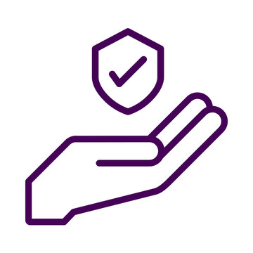 Purple outline icon of a hand holding a shield with a checkmark symbol transparent background