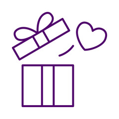 Purple line art icon of an open gift box with heart transparent background © PNG 