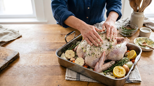 Hands Seasoning Raw Turkey with Herbs in Roasting Pan for Thanksgiving