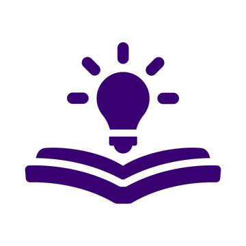 Purple flat icon of an open book with a glowing lightbulb symbol above it representing knowledge and education transparent background