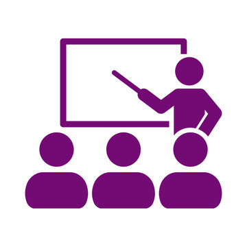 Purple icon representing a teacher presenting information to a group of students in a classroom setting transparent background